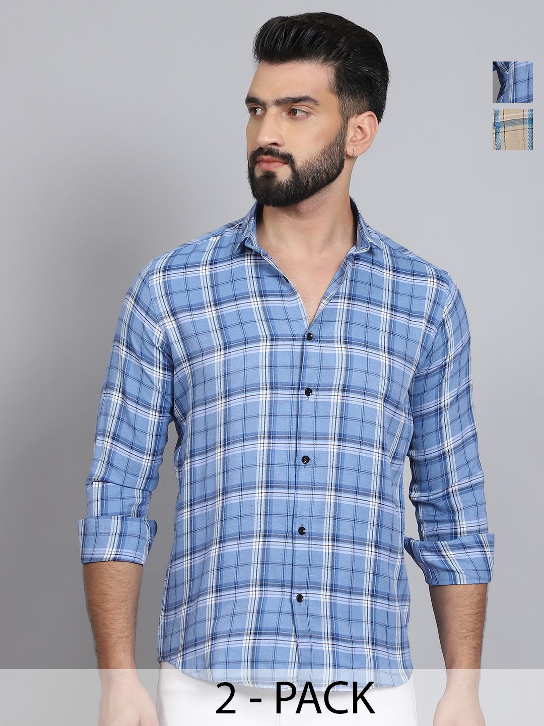 

Tanip Men Pack Of 2 Spread Collar Tartan Checked Cotton Casual Shirts, Blue