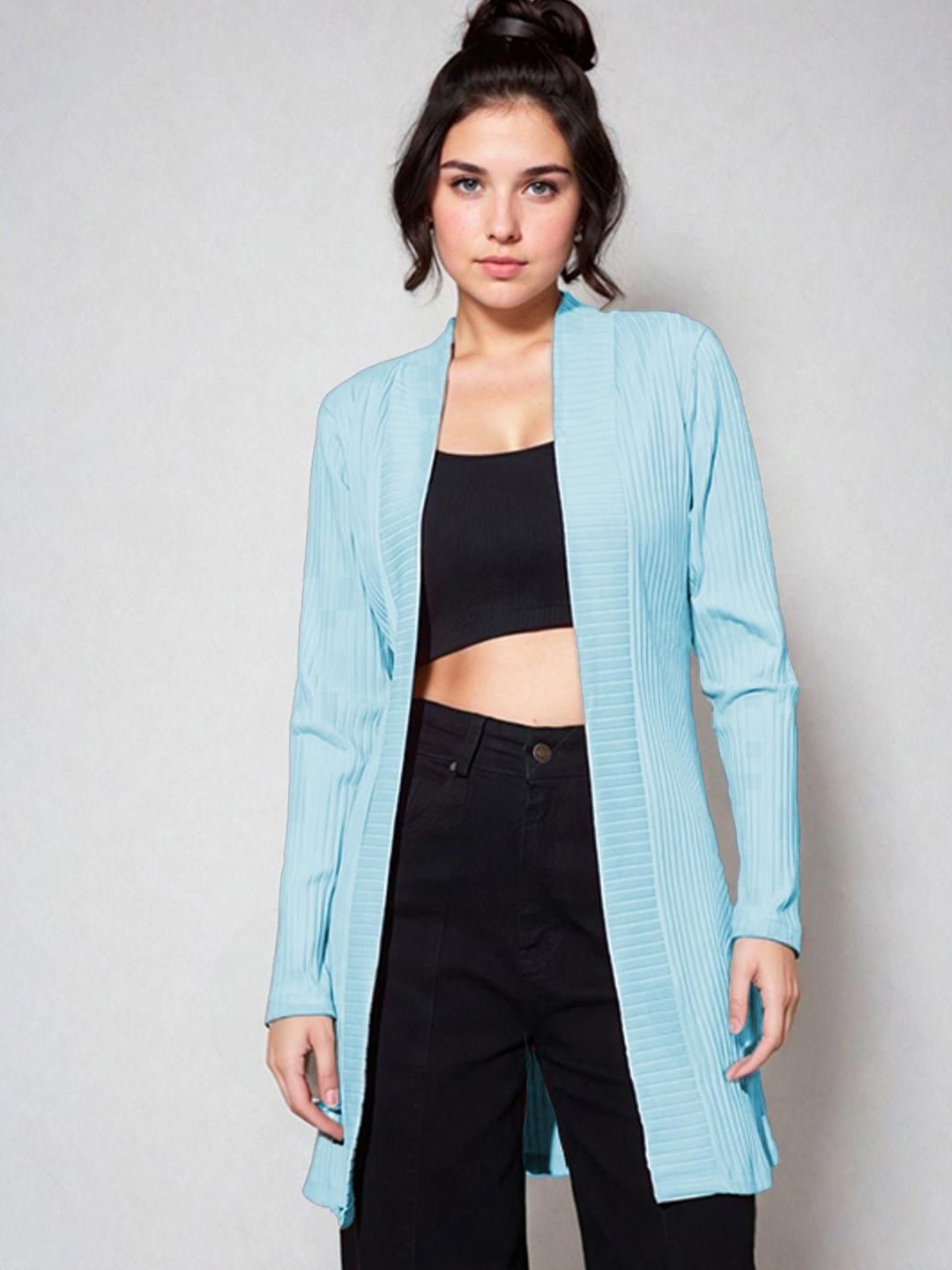 

Kotty Shawl Collar Long Sleeves Longline Open Front Shrug, Blue