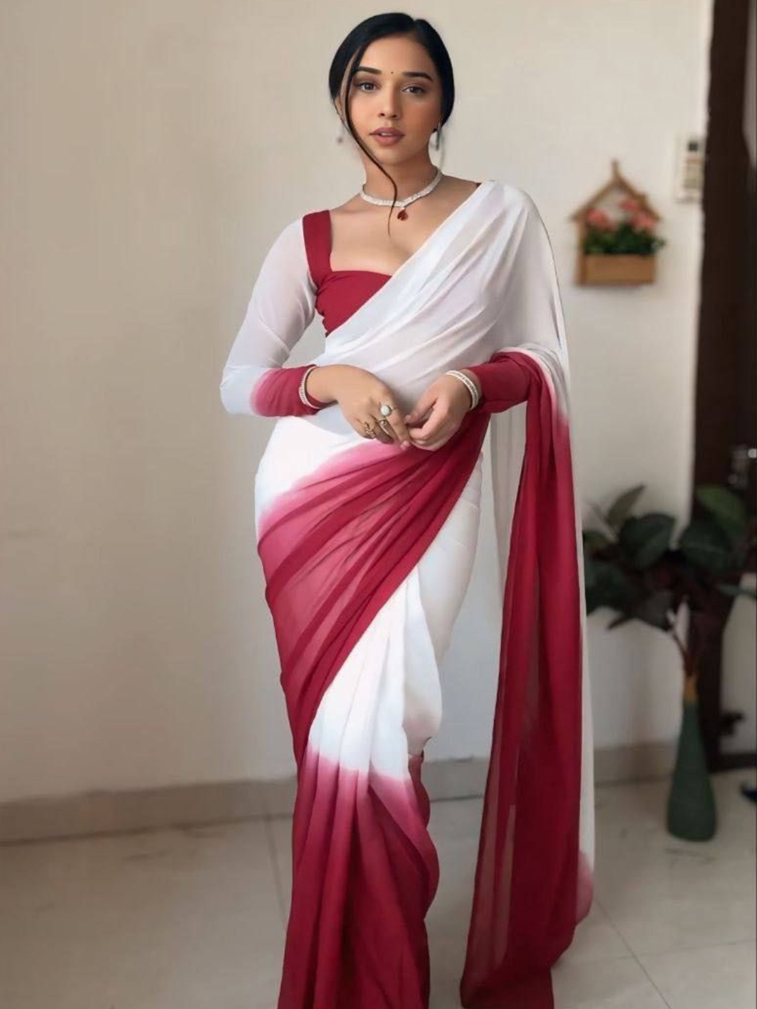 

ZIBLON Ombre Ready to Wear Saree, White