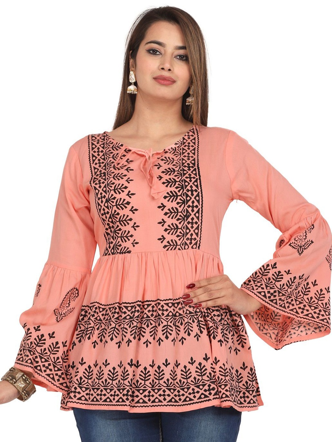 

PRIYAGANI GARMENTS Women Print Bell Sleeve Top, Pink