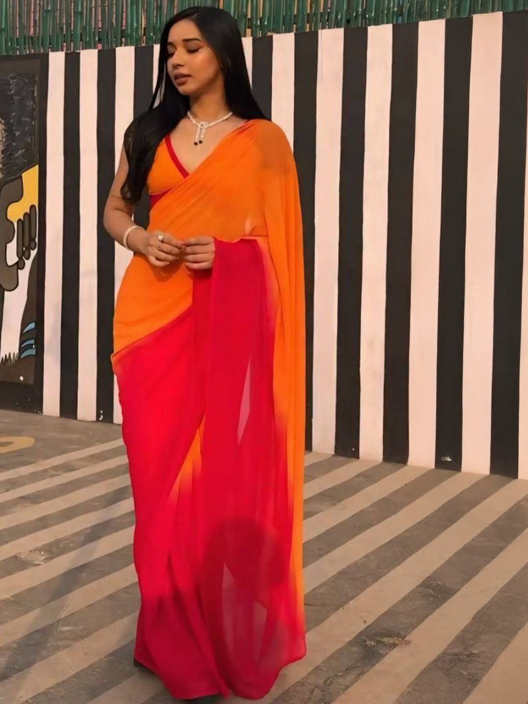 

ZIBLON Ombre Dyed Saree With Stitched Blouse, Yellow