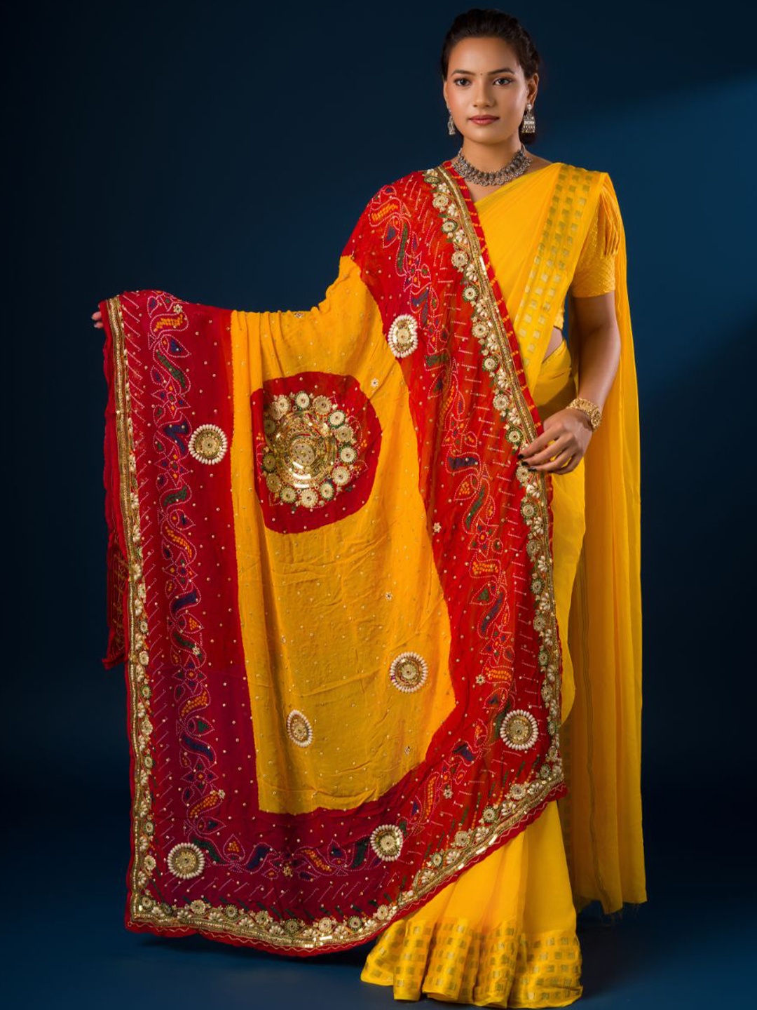 

KCPC BANDHANI Embroidered Pure Georgette Dupatta With Beads & Stones, Yellow