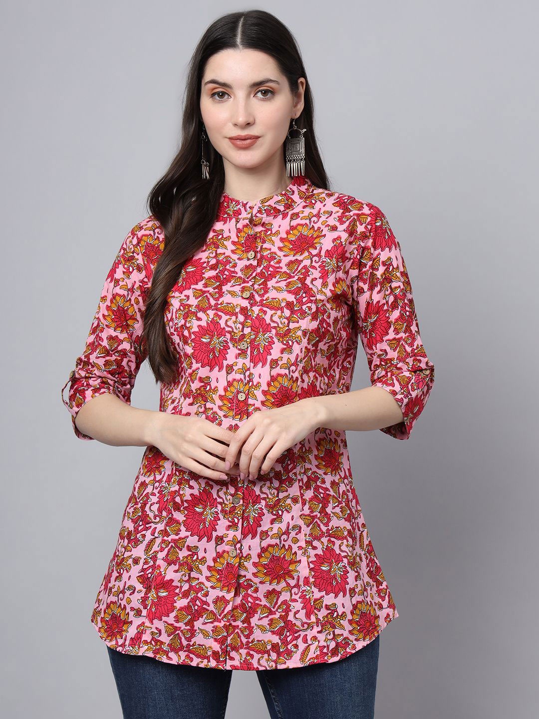 

BAESD Women Floral Printed Mandarin Collar Cotton Top, Pink
