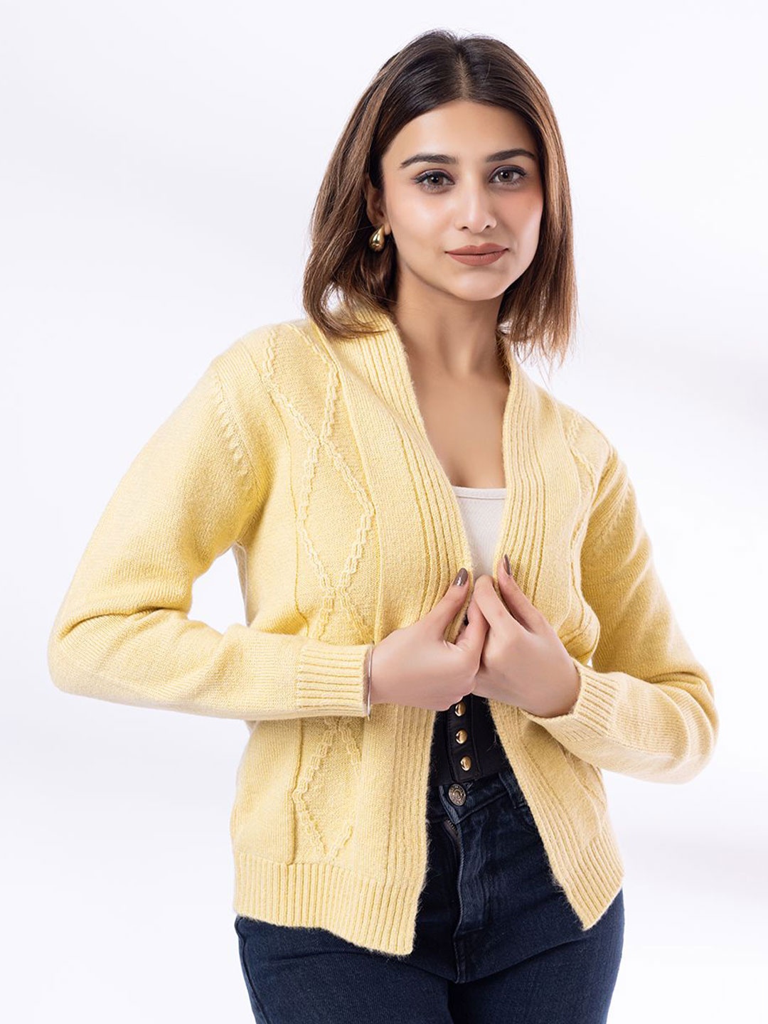 

ARMISTO Self Design Chunky Cable Shimmer Acrylic Open Front Shrug, Yellow