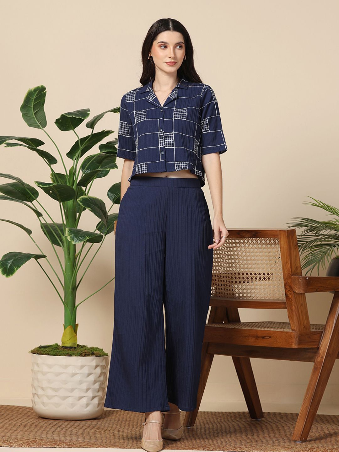 

Moda Rapido Navy Blue Embroidered Short Sleeves Shirt With Palazzo