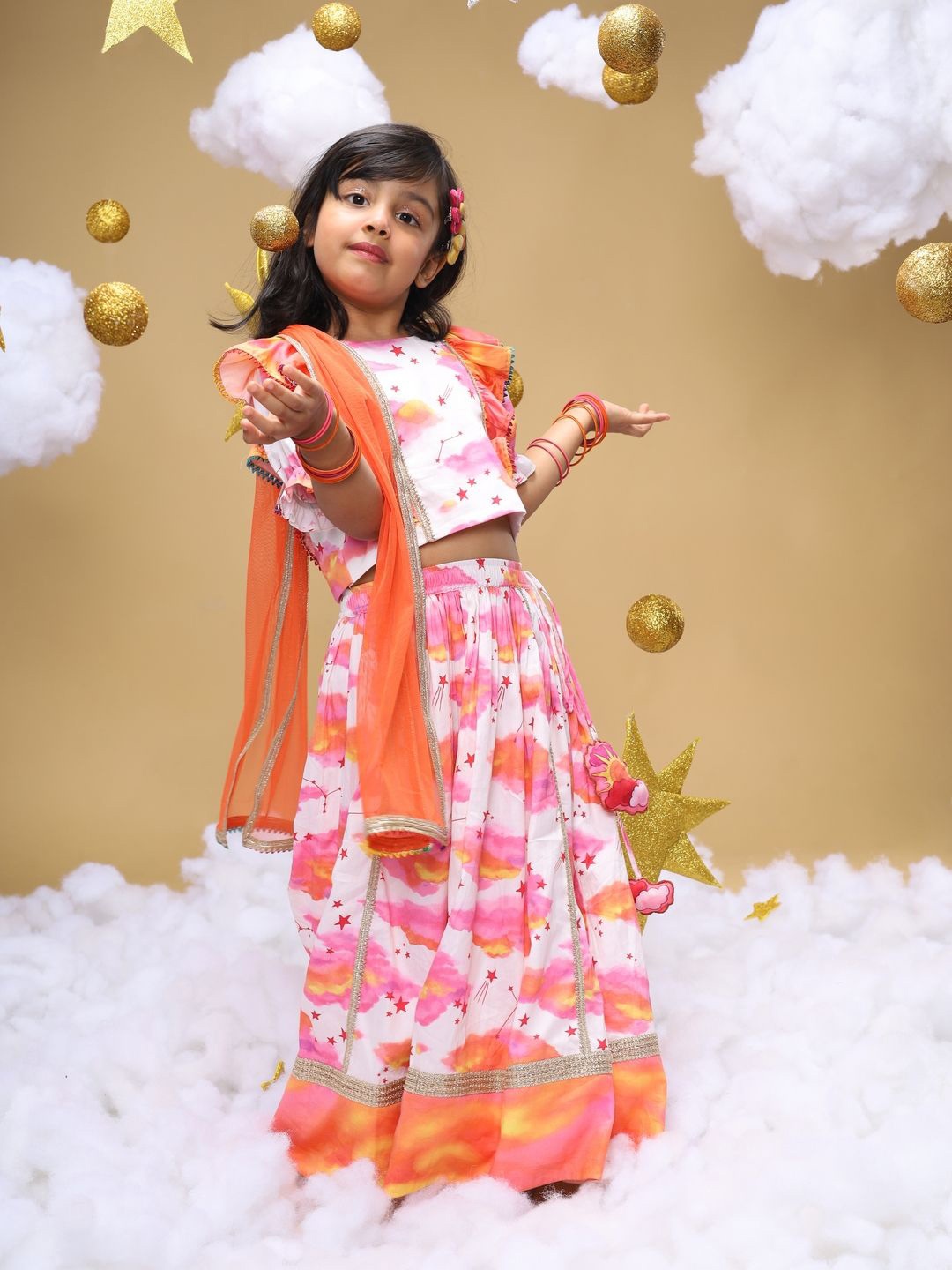 

Little Shiro Girls Printed Ready to Wear Lehenga & Blouse With Dupatta, Off white