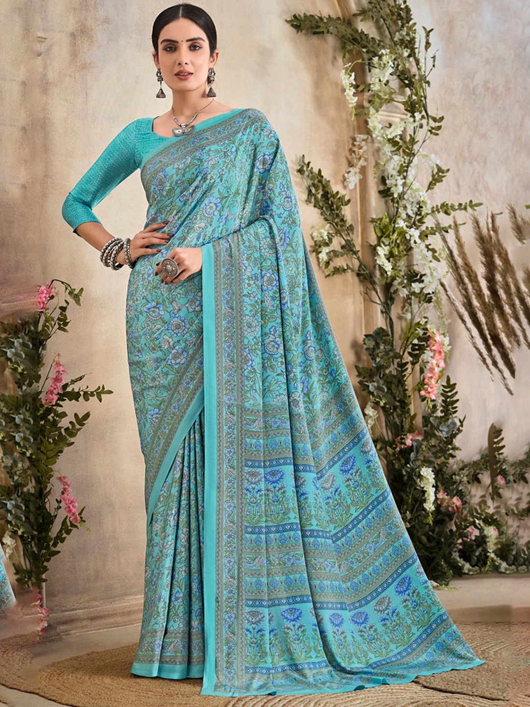 

DURGA EMPORIO Floral Printed Saree With Unstitched Blouse Piece, Blue