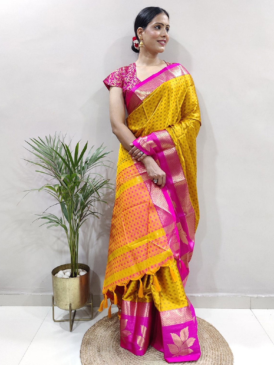 

A TO Z CART Floral Zari Pure Silk Saree, Mustard