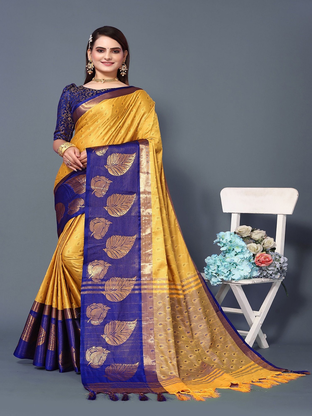 

A TO Z CART Ethnic Motifs Woven Design Zari Pure Silk Banarasi Saree, Mustard