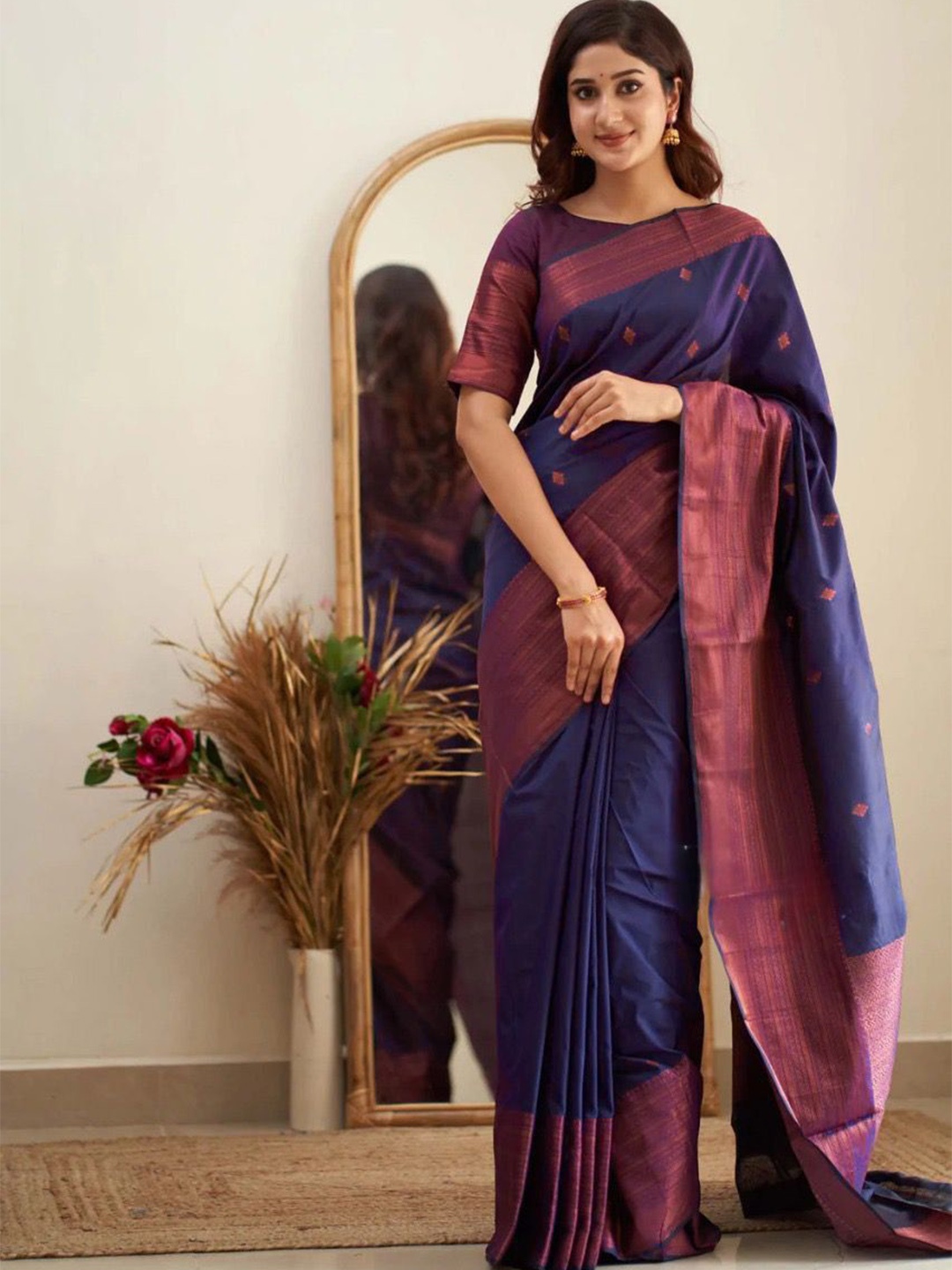 

Anouk Ethnic Motifs Zari Silk Blend Banarasi Saree, Navy blue