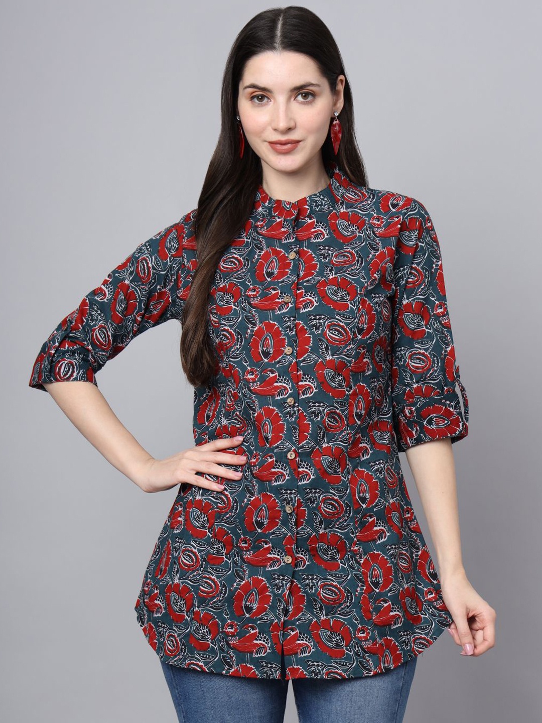 

BAESD Floral Printed Mandarin Collar Cotton A-Line Top, Blue