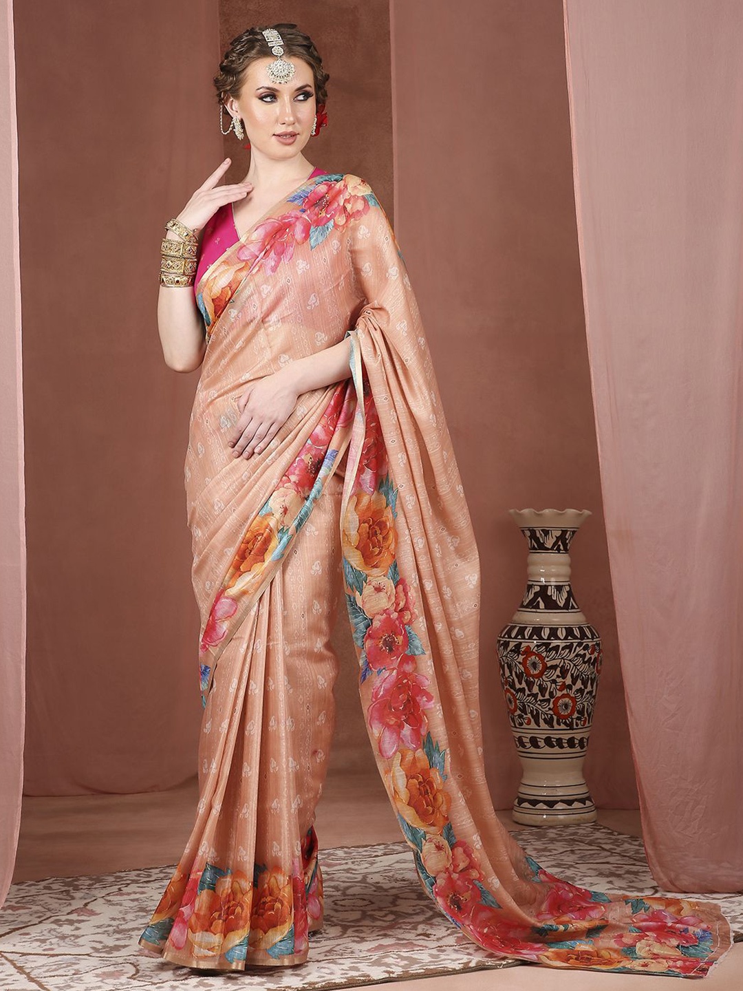 

JUST FASHION Floral Zari Silk Cotton Banarasi Saree, Peach