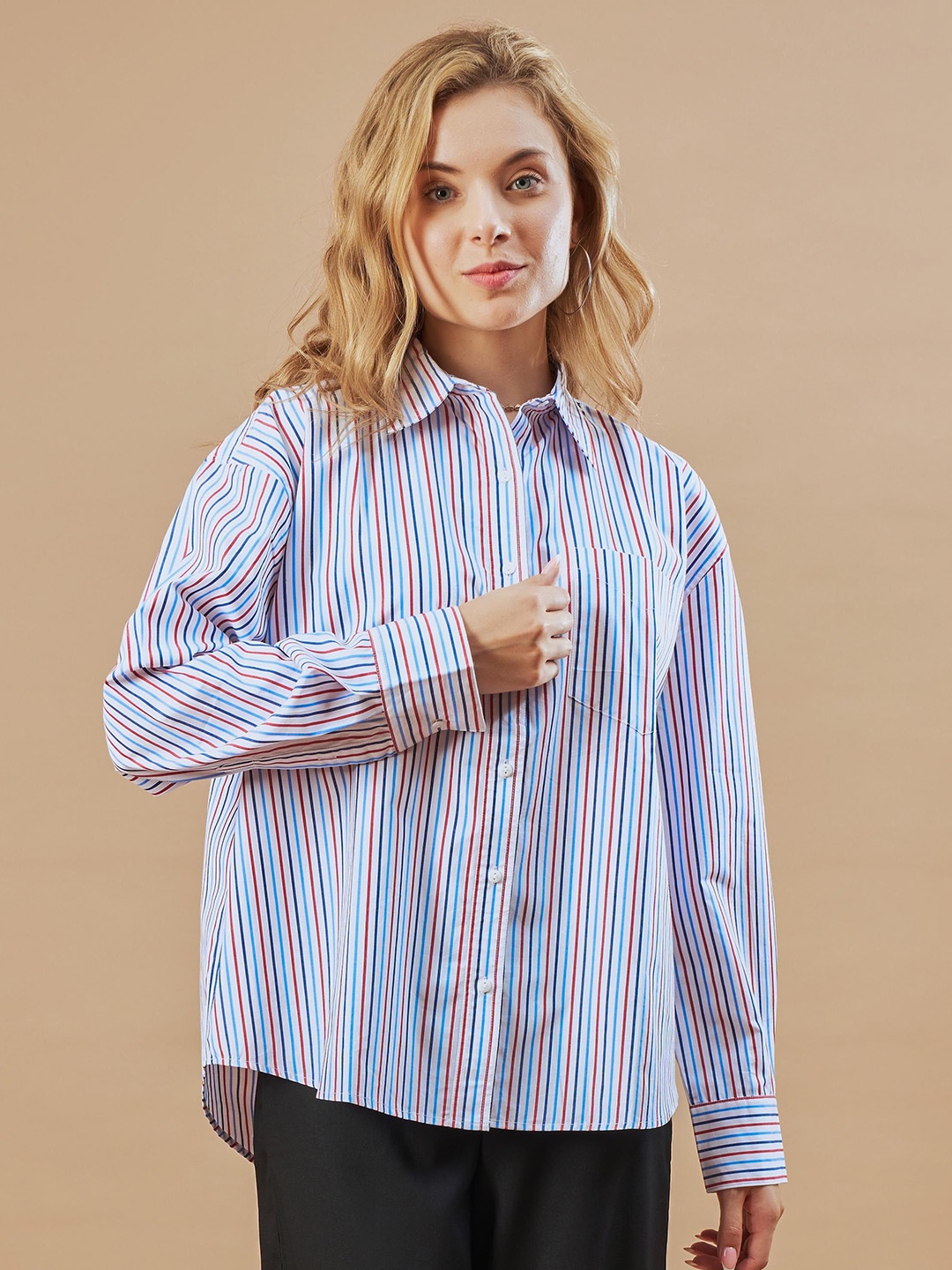 

Gazillion Women Original Relaxed Fit Spread Collar Vertical Striped Cotton Casual Shirt, White
