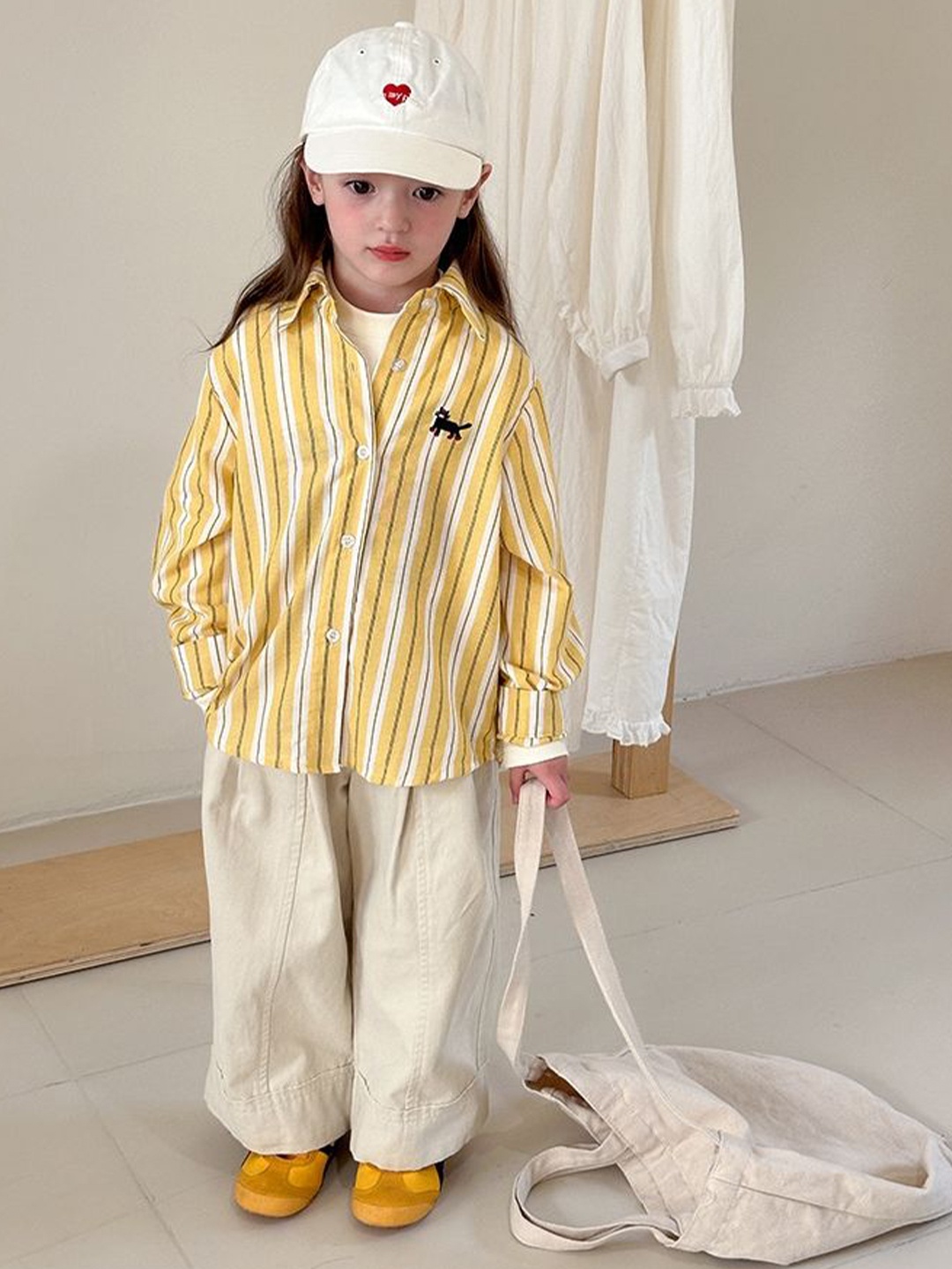 

LULU & SKY Girls Striped Cotton Oversized Shirt, Yellow