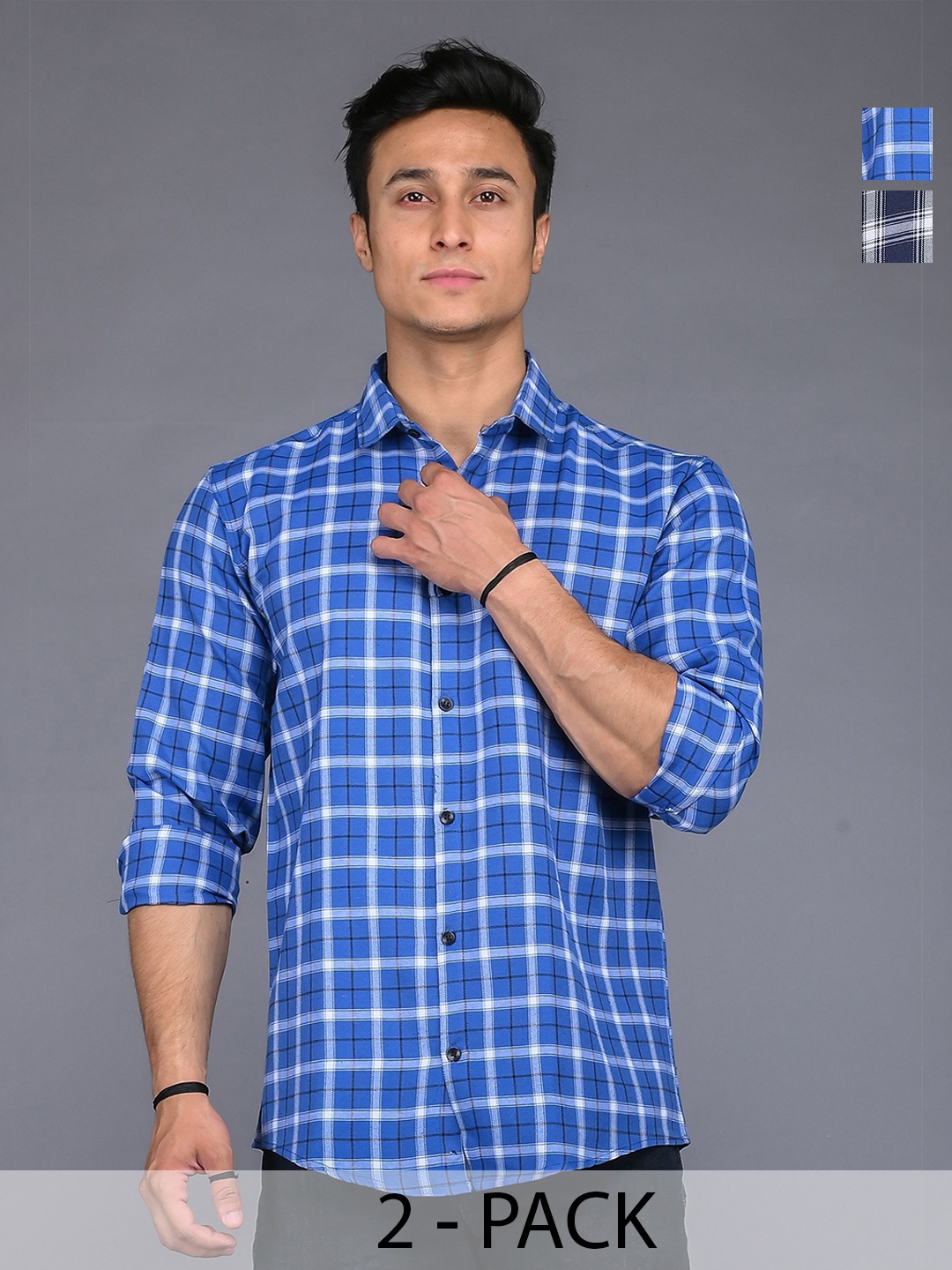 

Tanip Men Pack Of 2 Spread Collar Tartan Checked Cotton Casual Shirts, Blue
