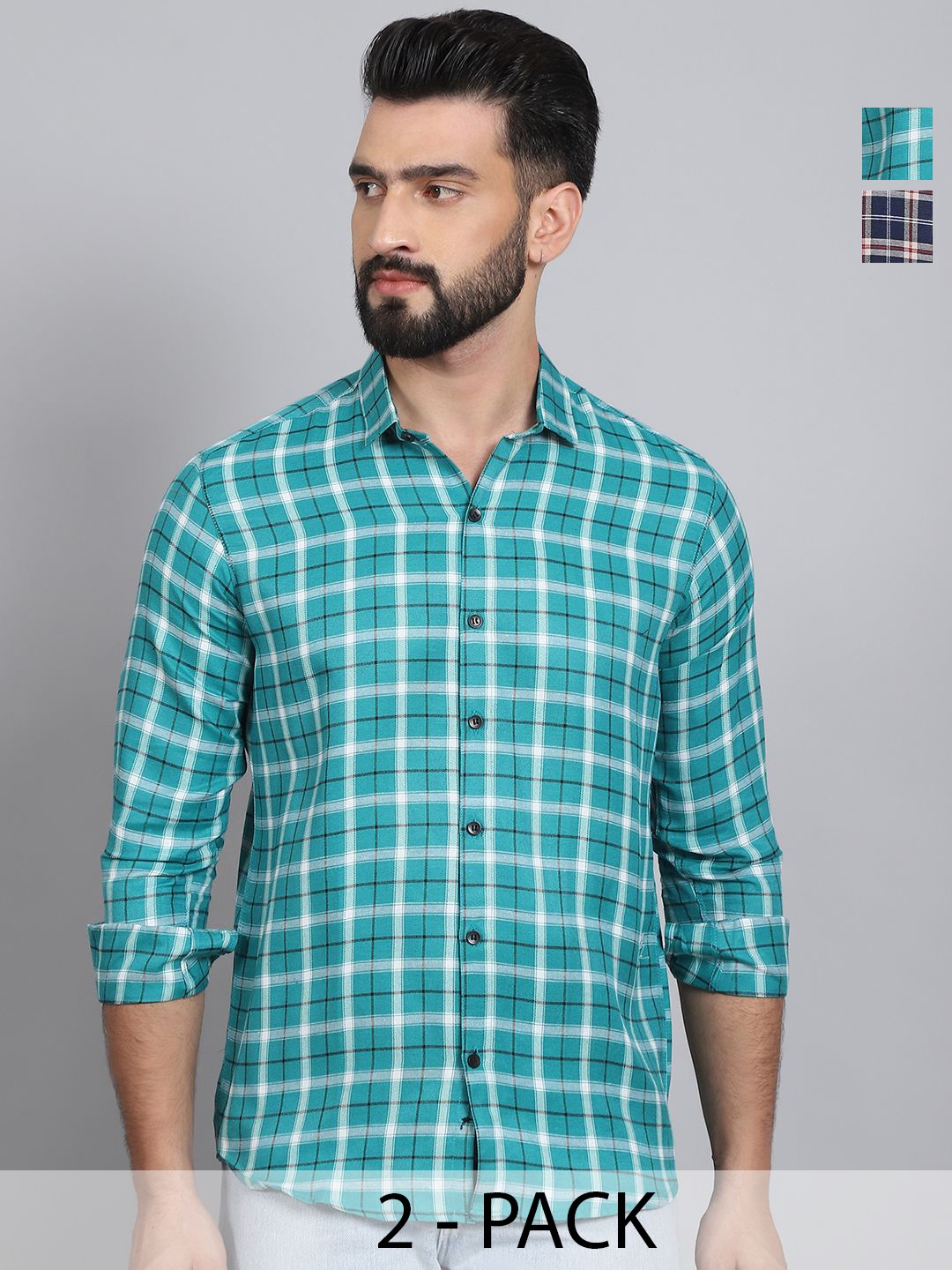 

Tanip Men Pack Of 2 Spread Collar Tartan Checked Cotton Casual Shirts, Sea green