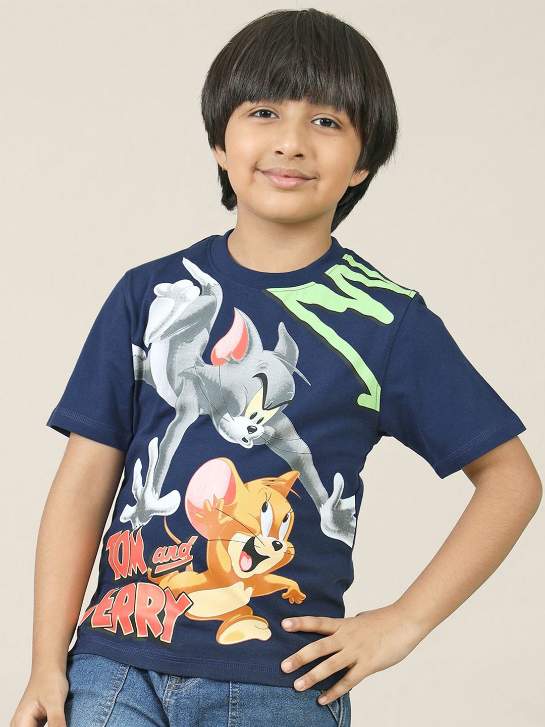 

Kids Ville Boys Tom & Jerry Graphic Printed Round Neck Cotton T-shirt, Navy blue