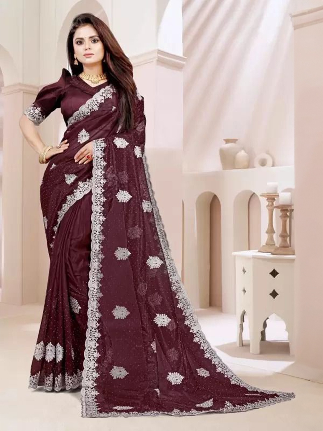 

Florence Embellished Embroidered Saree, Maroon