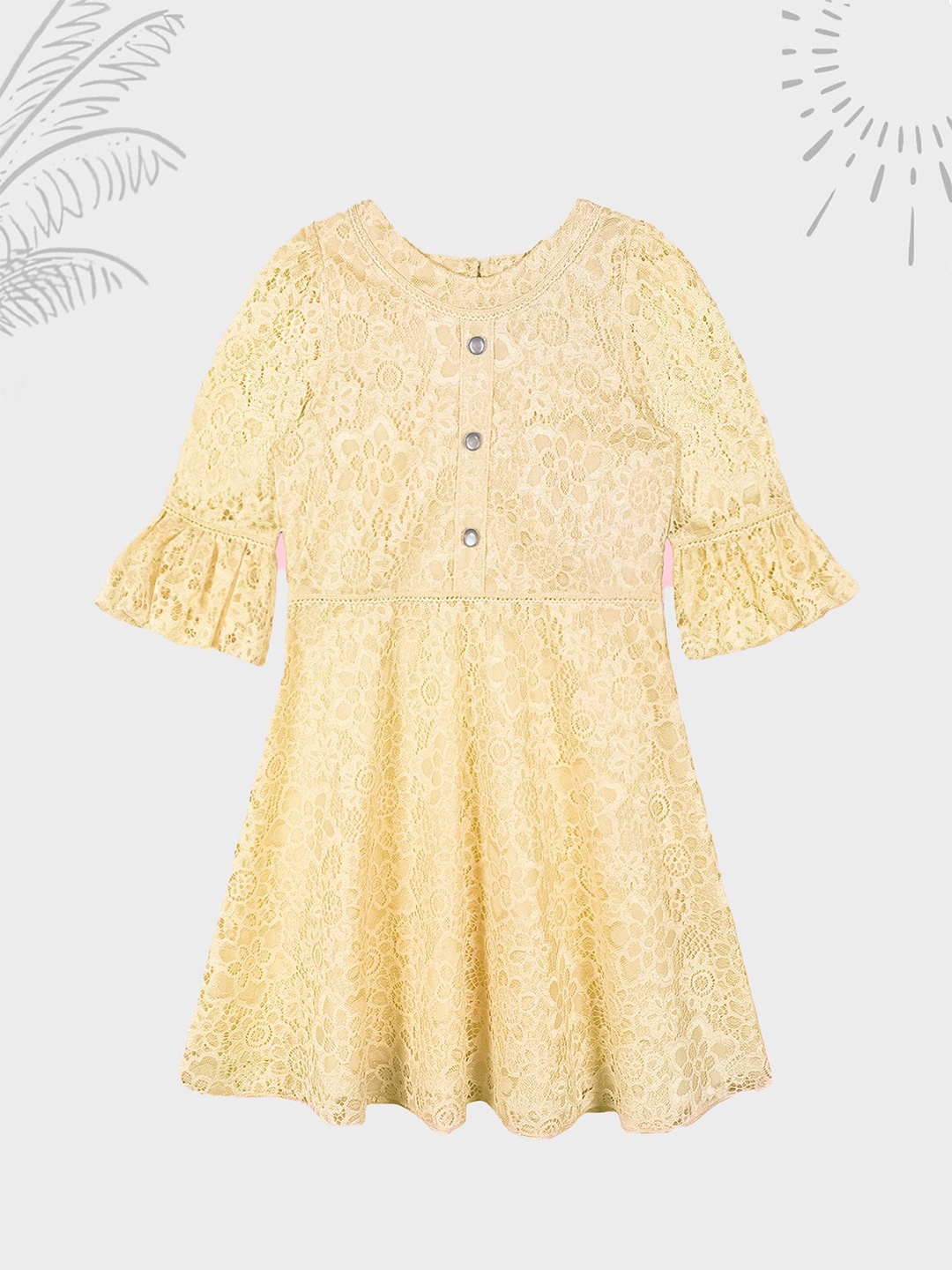 

CACA CINA Girls Cotton Printed Bell Sleeves Fit & Flare Dress, Gold