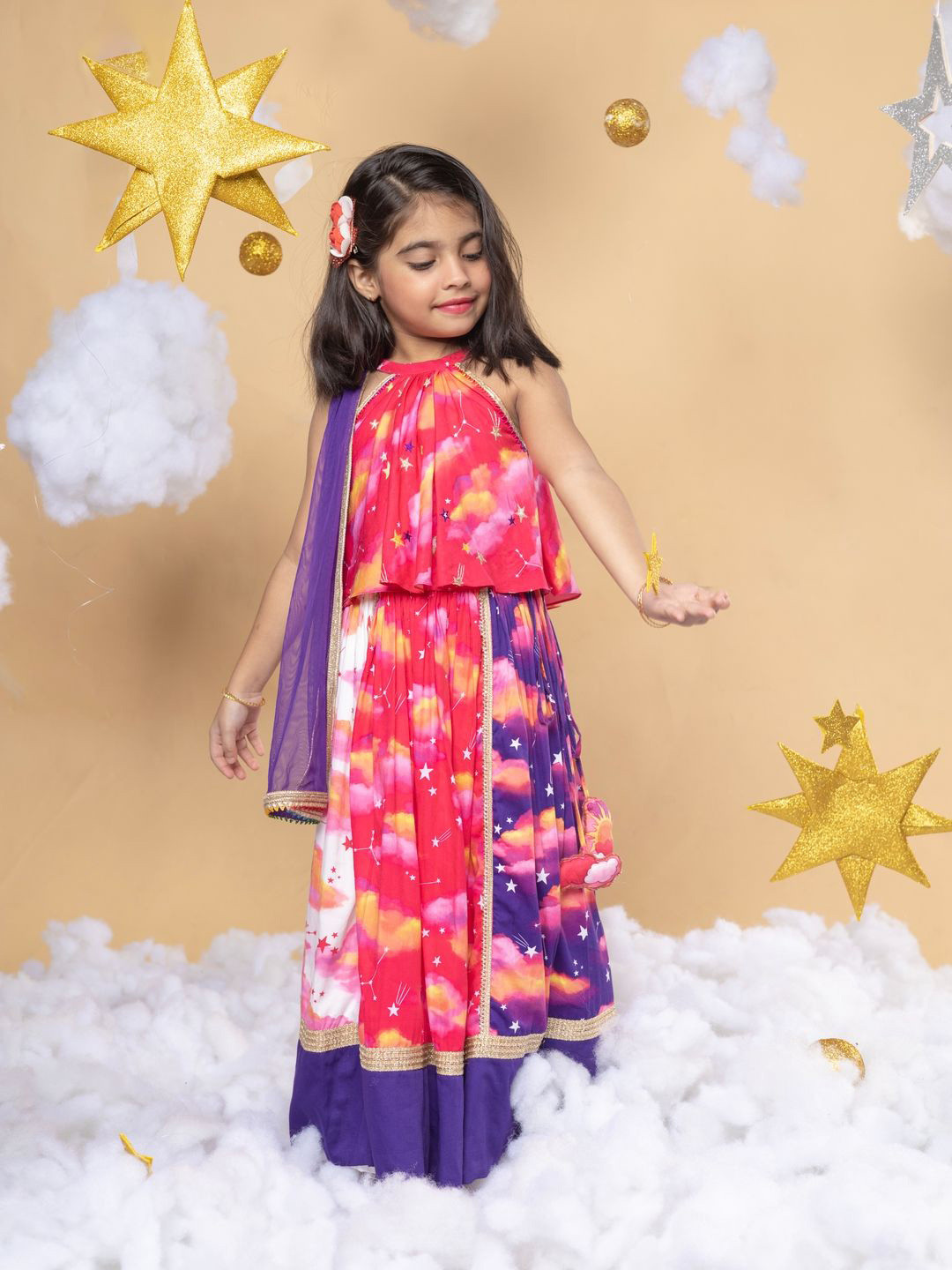 

Little Shiro Girls Printed Ready to Wear Lehenga & Blouse With Dupatta, Pink