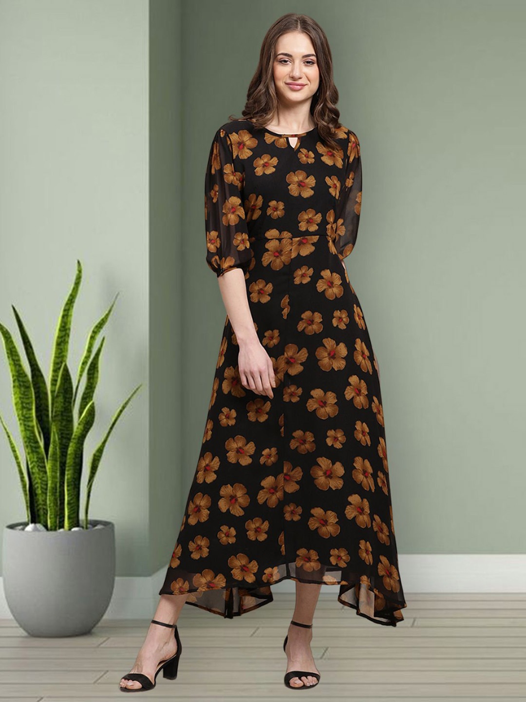 

Mast & Harbour Women Floral Printed Layered Fit & Flare Dress, Mustard