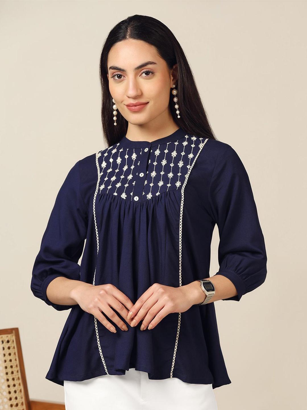 

Moda Rapido Embroidered Mandarin Collar Crepe Top, Navy blue