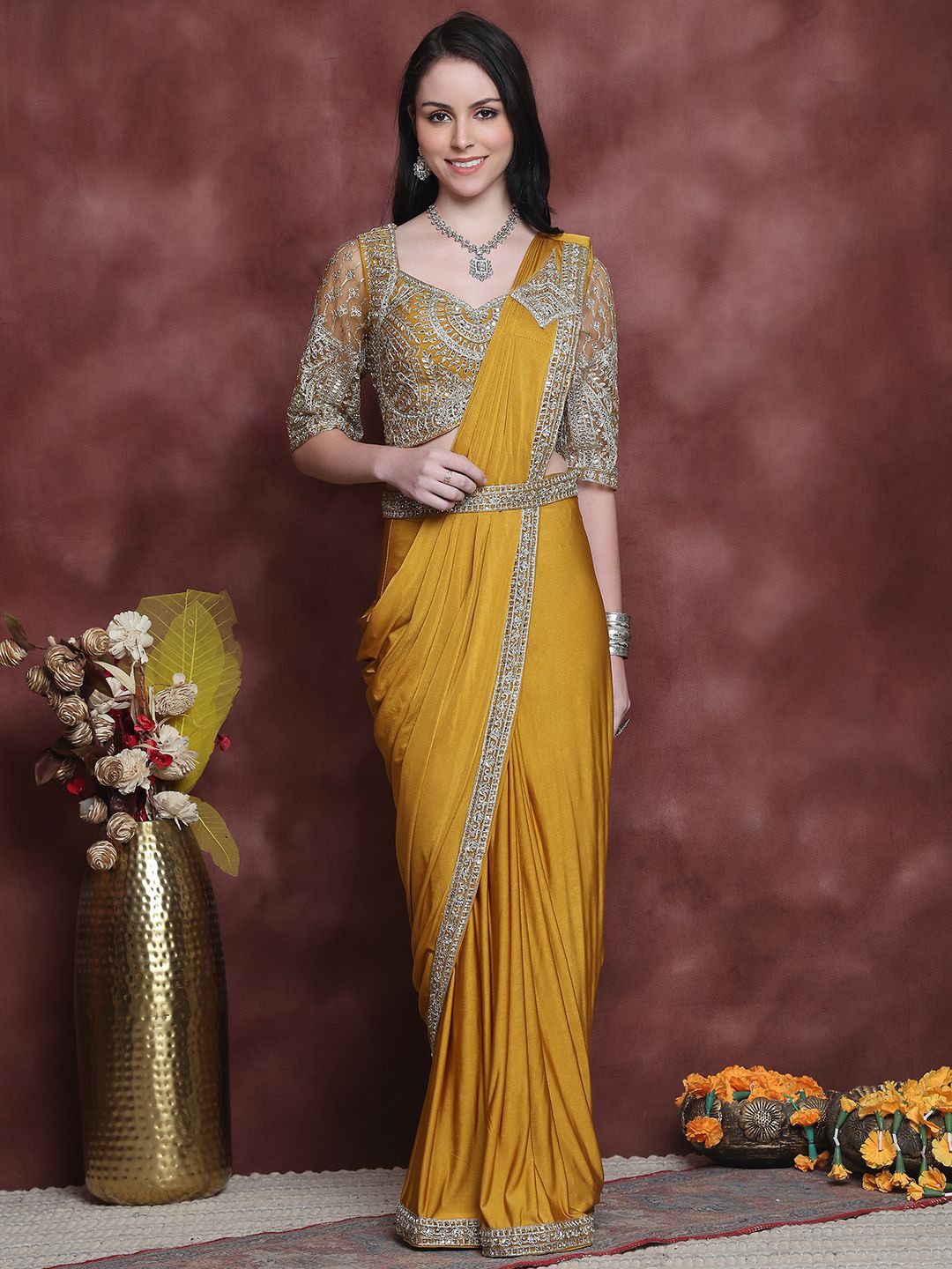 

Grancy Embroidered Ready to Wear Saree, Yellow