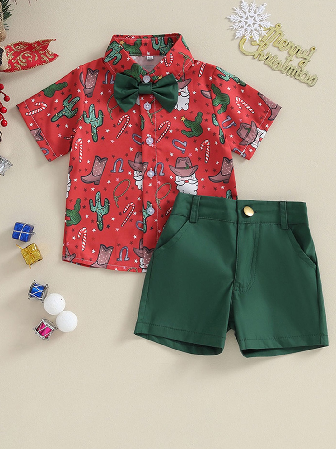 

LULU & SKY Boys Printed Shirt Collar Pure Cotton Shirt With Shorts, Green