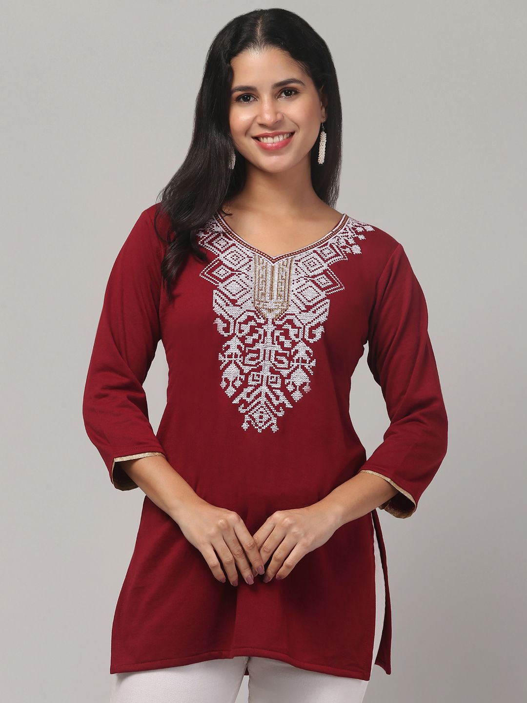 

STYLE PREZONE Women Ethnic Motifs Embroidered V-Neck Kurti, Maroon