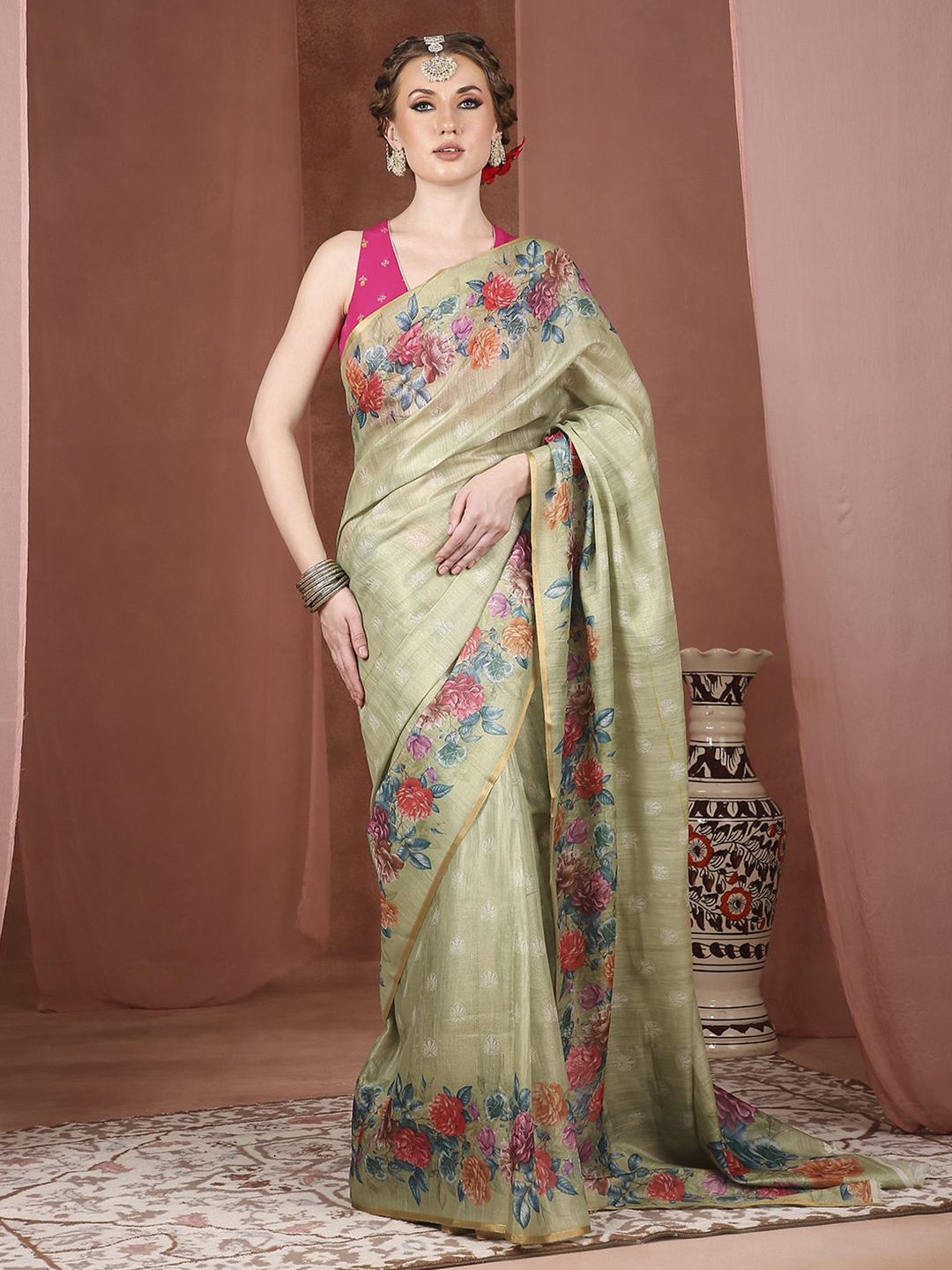 

JUST FASHION Floral Printed Zari Saree, Green