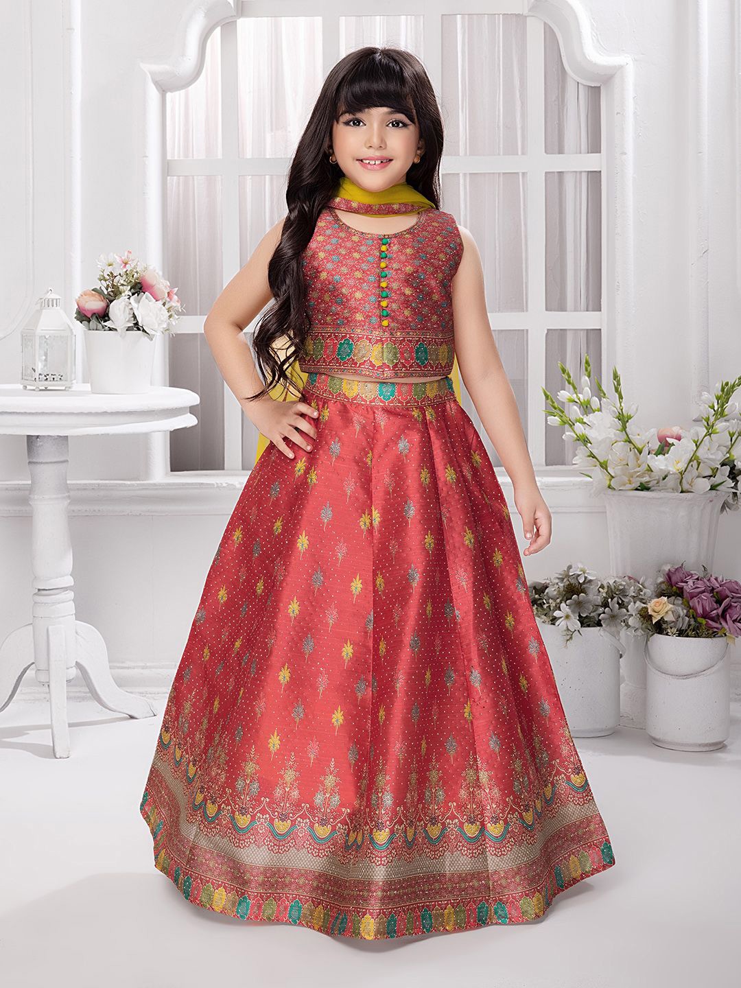

Tiny Kingdom Girls Embroidered Ready to Wear Lehenga & Blouse With Dupatta, Red