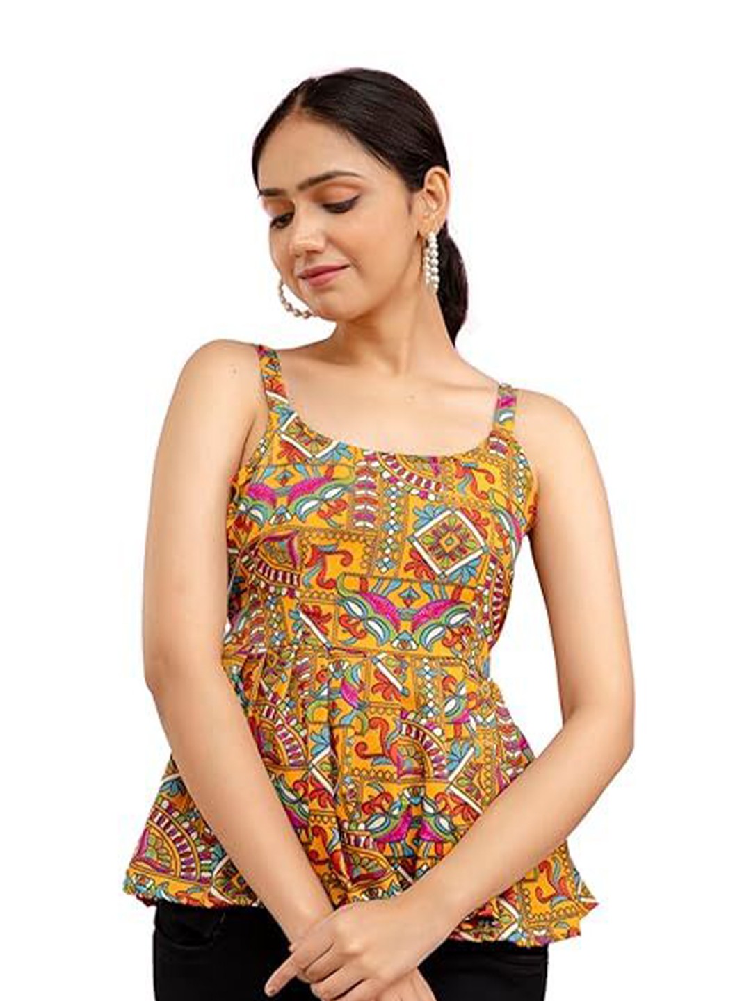 

Madnoo Women Printed Crepe Top, Yellow