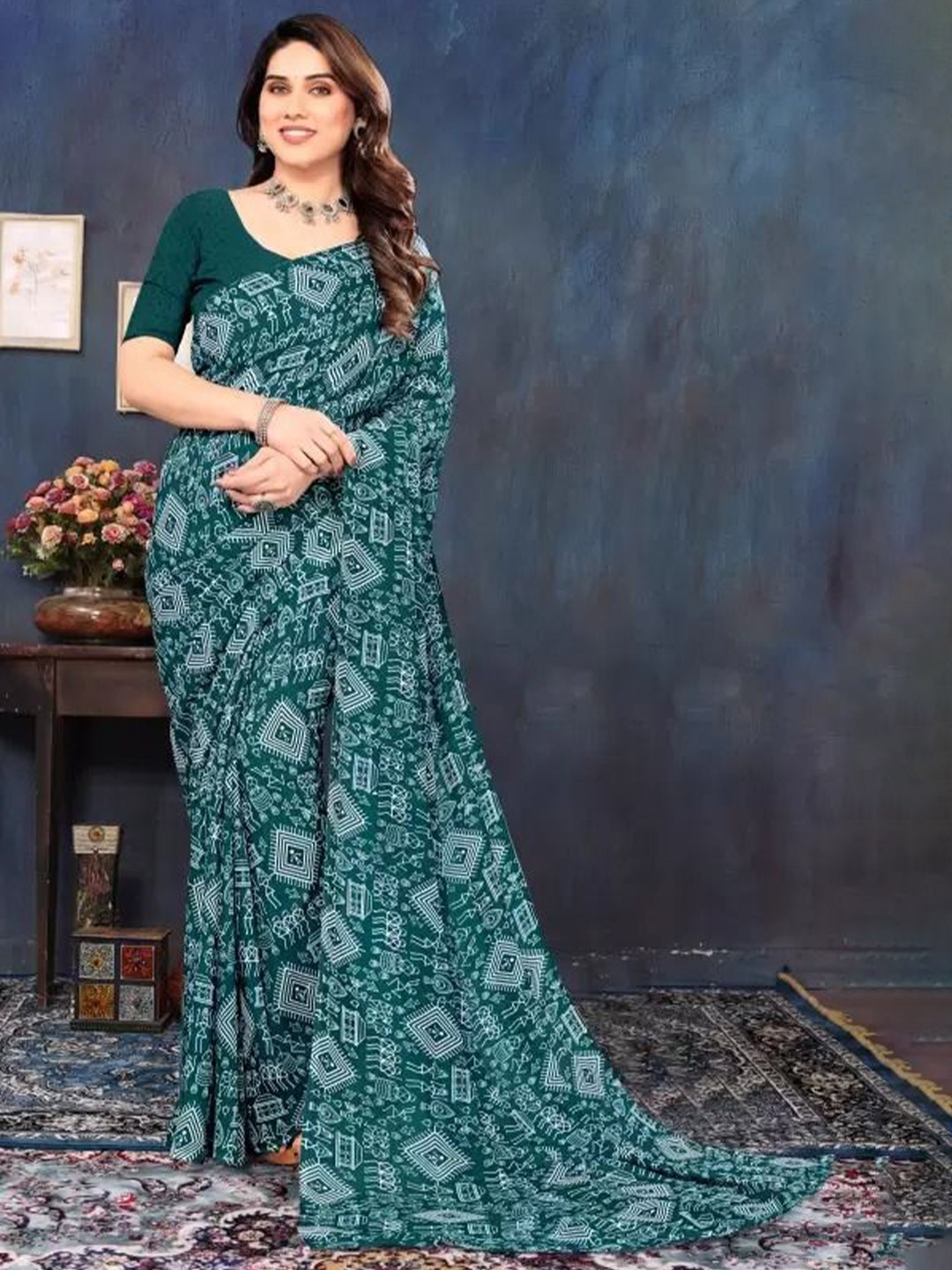 

Florence Pure Georgette Printed Saree, Turquoise blue