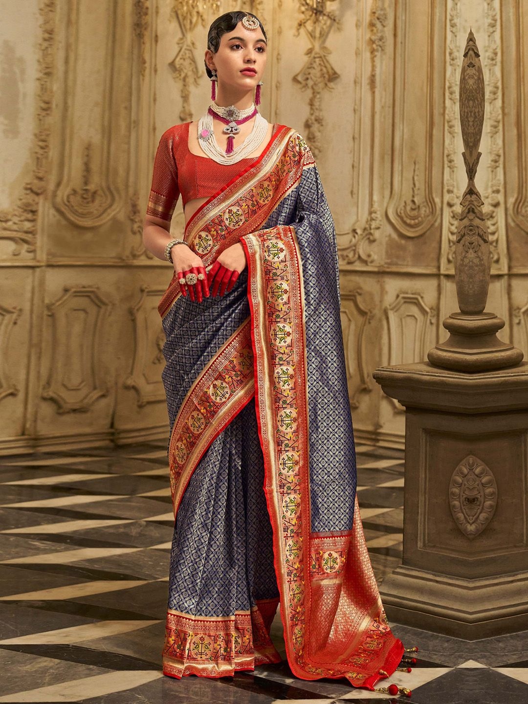 

Anouk Ethnic Motifs Designer Kanjeevaram Saree, Navy blue
