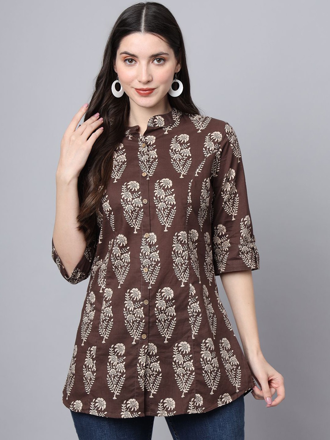 

BAESD Floral Print Mandarin Collar Roll-Up Sleeves Ethnic Cotton Top, Brown