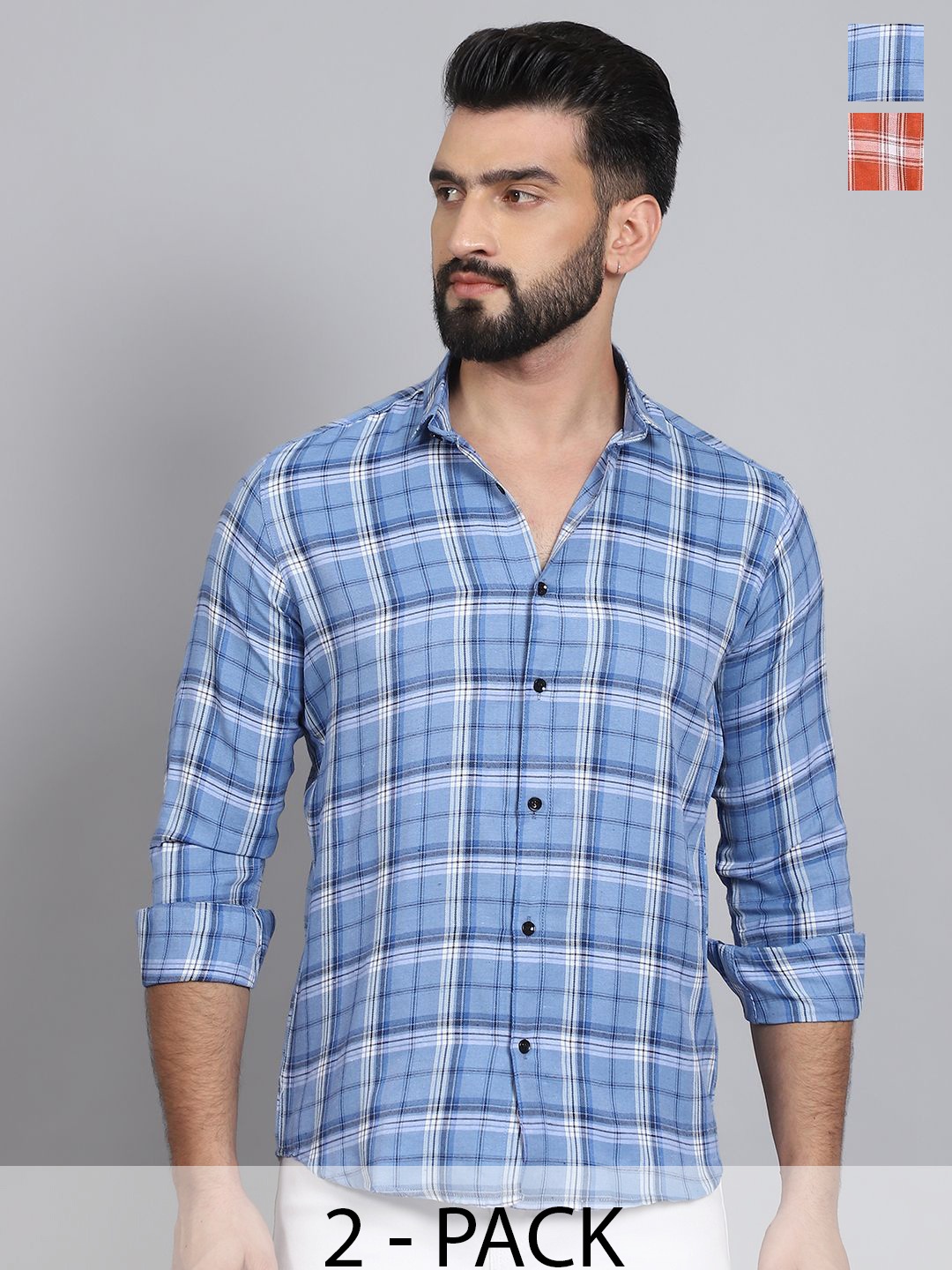 

Tanip Men Pack Of 2 Spread Collar Tartan Checked Cotton Casual Shirts, Blue