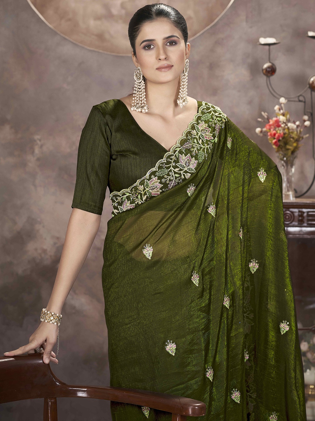 

RV CREATION Floral Sequinned Designer Saree, Sea green