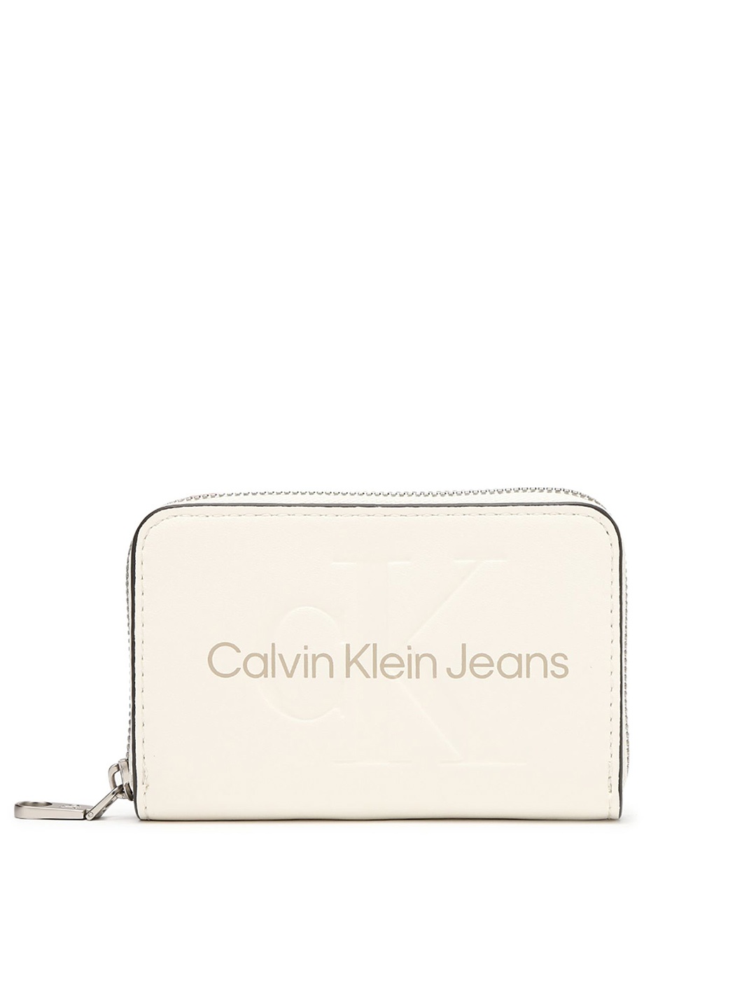 

Calvin Klein Women Typography Printed PU Zip Around Wallet, Off white