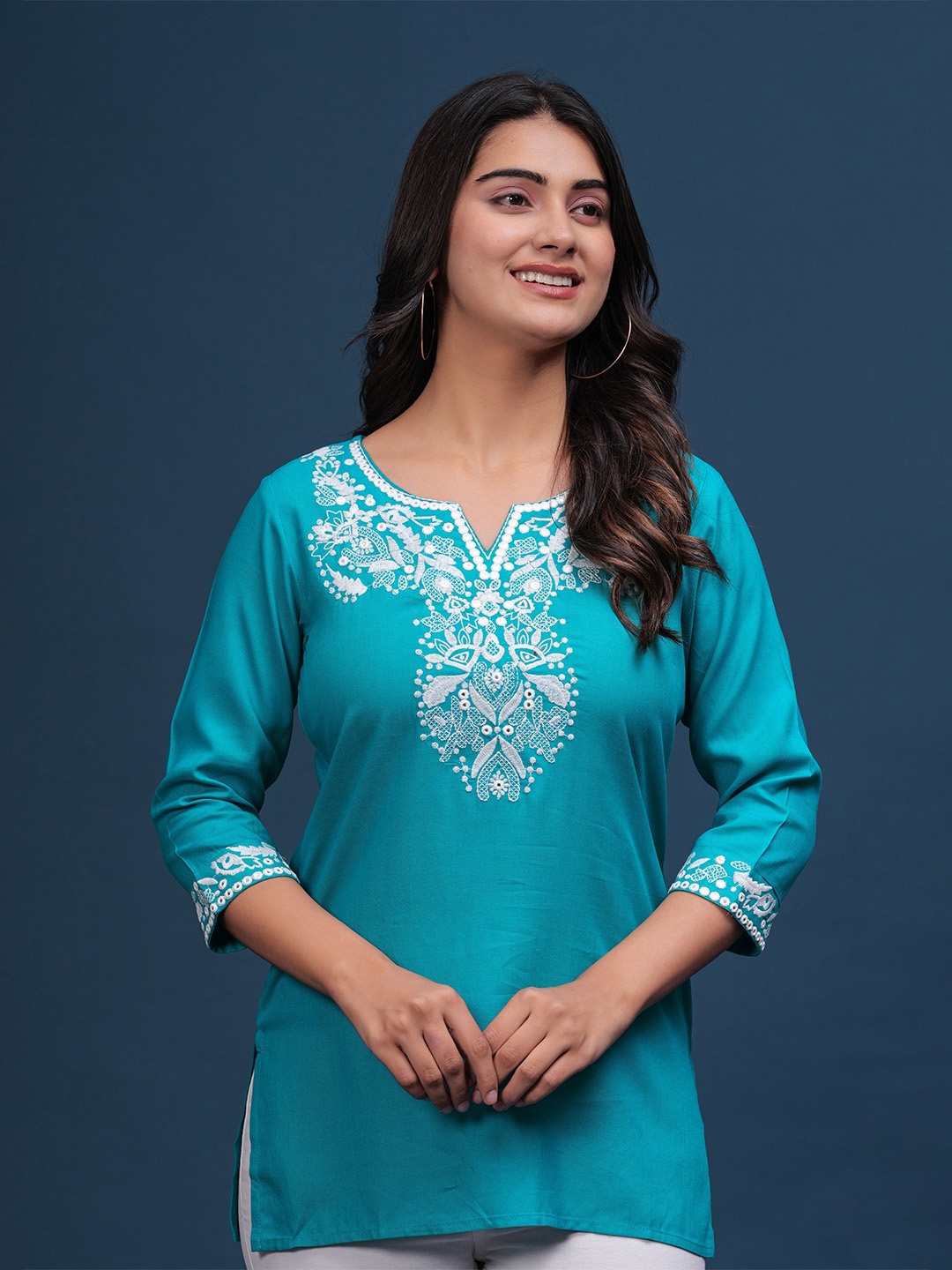 

UT Venero Ethnic Motifs Embroidered Kurti, Blue