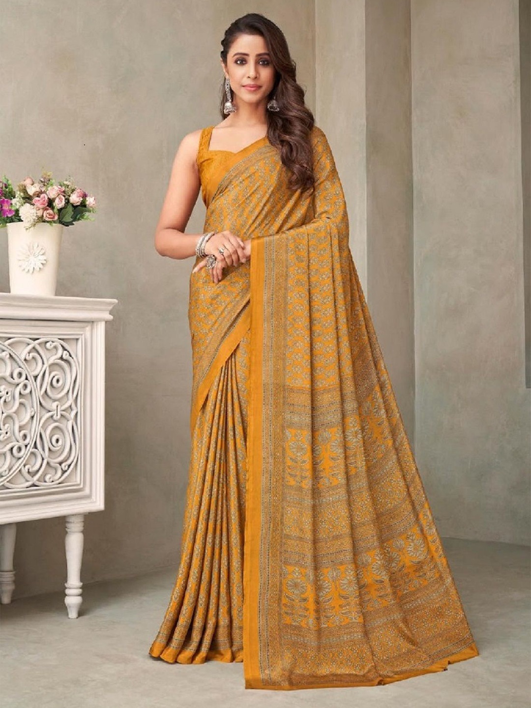 

DURGA EMPORIO Floral Printed Saree, Mustard