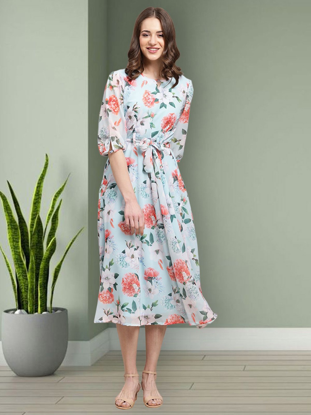 

Mast & Harbour Floral Printed Puff Sleeve Georgette Fit & Flare Midi Dress, Blue