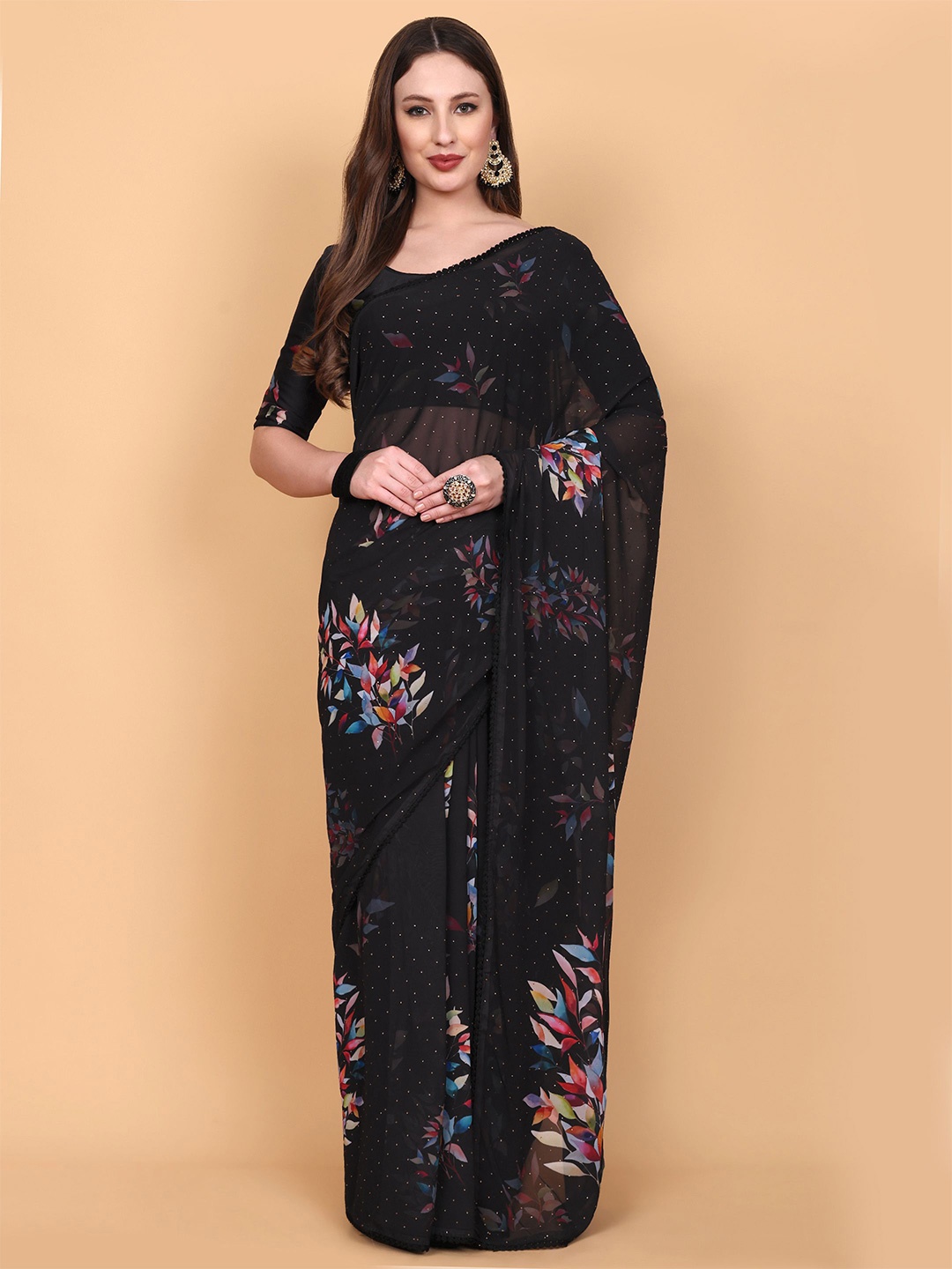 

Vastrang Floral Printed Beads and Stones Saree, Black
