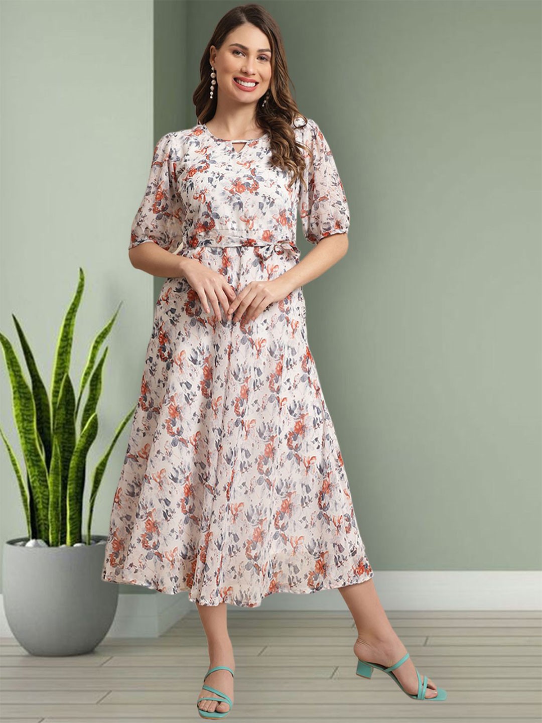 

Mast & Harbour Women Floral Printed Georgette Fit & Flare Midi Dress, White