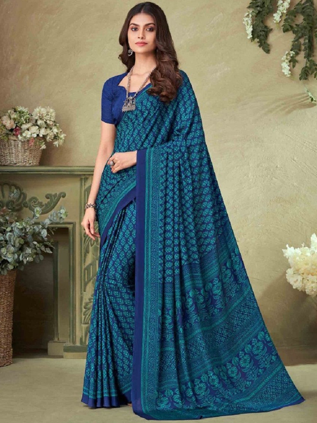 

DURGA EMPORIO Floral Pure Crepe Saree, Blue