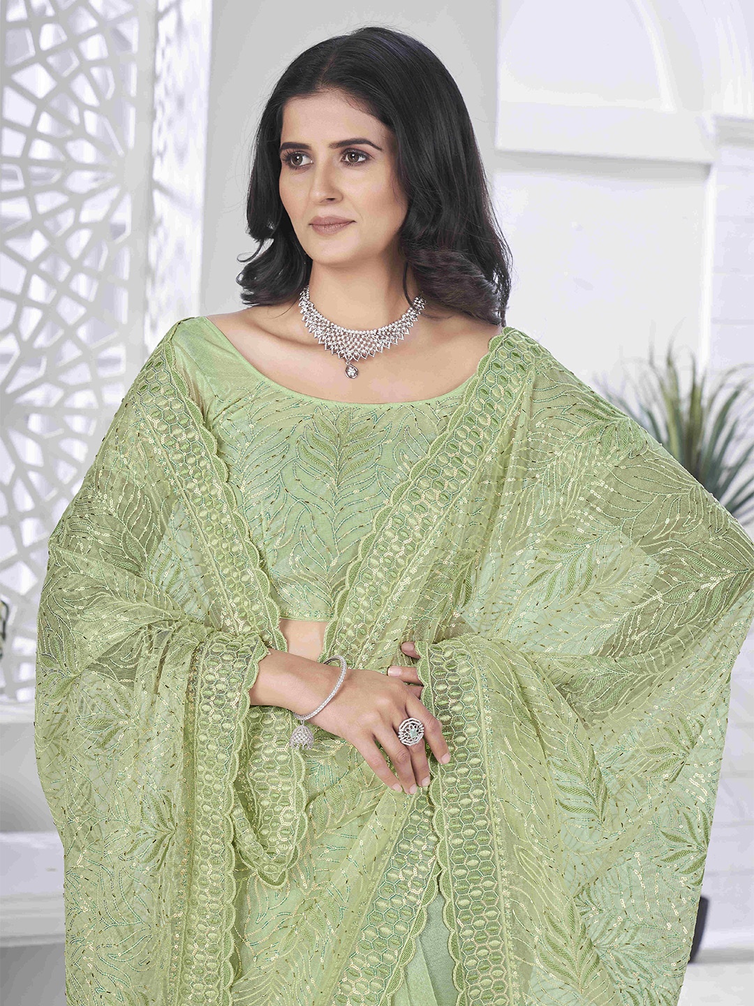 

Munir Embroidered Sequinned Tissue Saree, Green