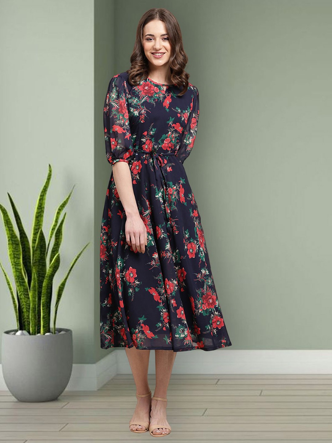 

Mast & Harbour Women Floral Printed Puff Sleeve Layered Fit & Flare Midi Dress, Navy blue