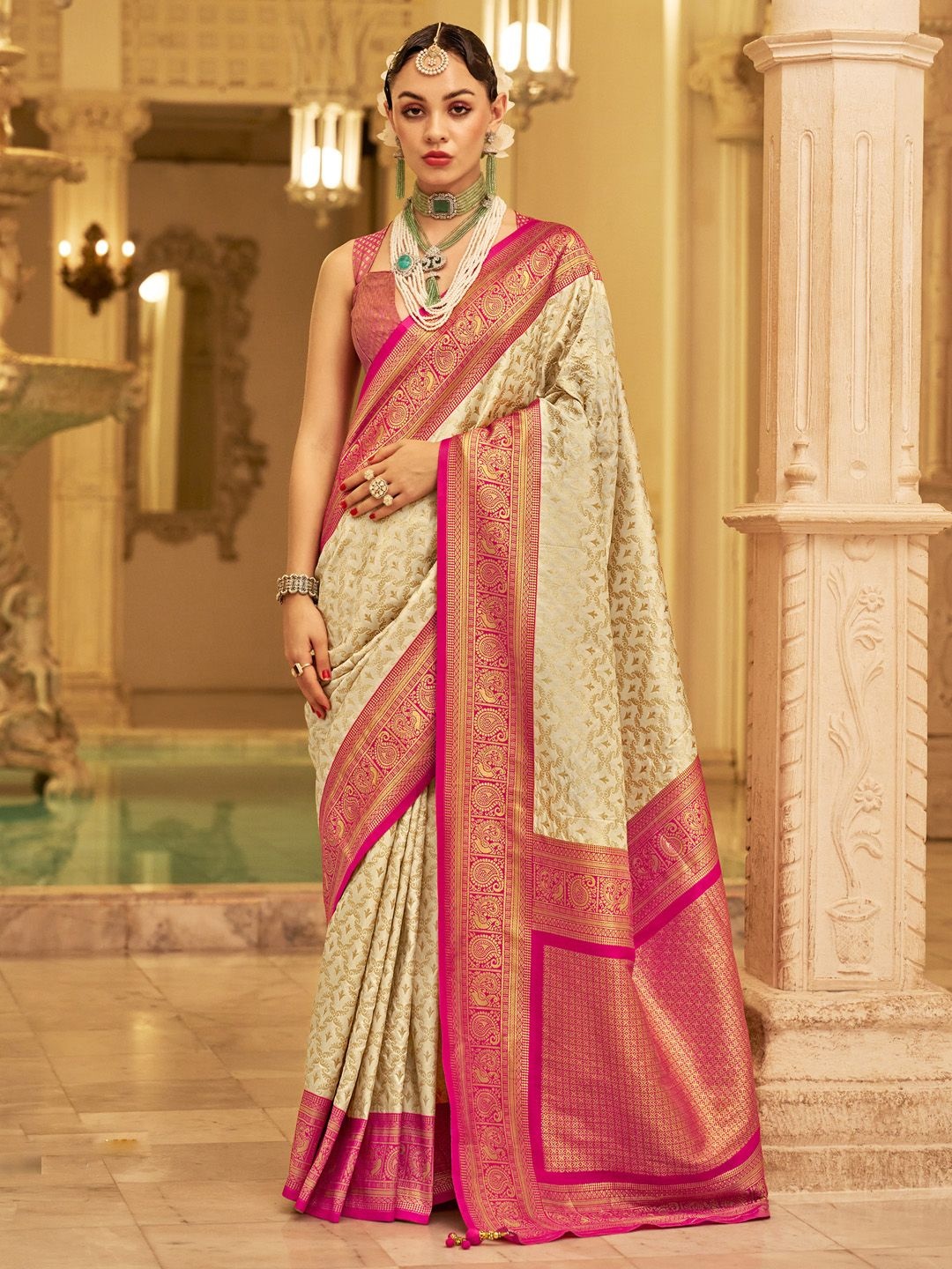 

Anouk Woven Design Zari Kanjeevaram Saree, Cream