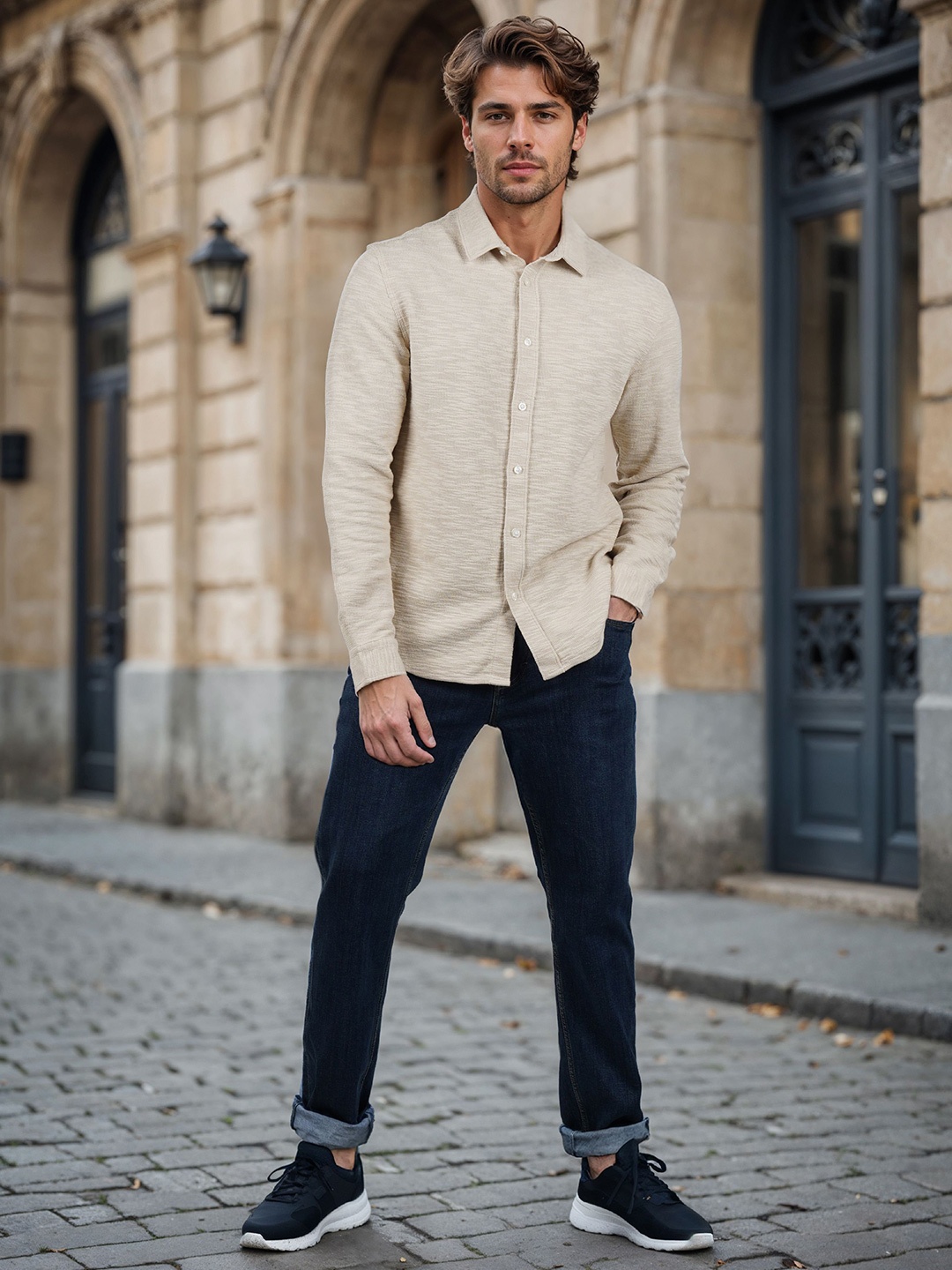 

Celio Men Classic Fit Spread Collar Textured Cotton Casual Shirt, Beige