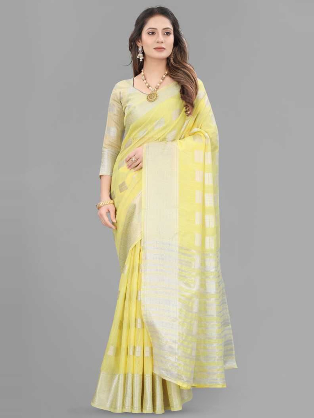 

A TO Z CART Woven Design Zari Pure Linen Saree, Yellow