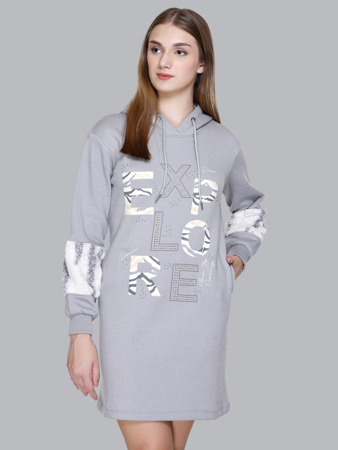 

Yoorix Women Printed Woollen Hooded Sweatshirts, Grey